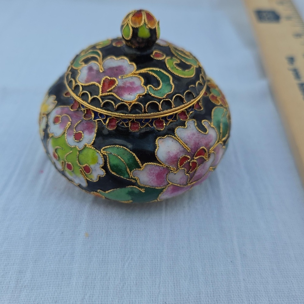Cloisonne Floral Jar Candle Small Lidded Metal Enamel Multicolor Decor Accent - Picture 4 of 9